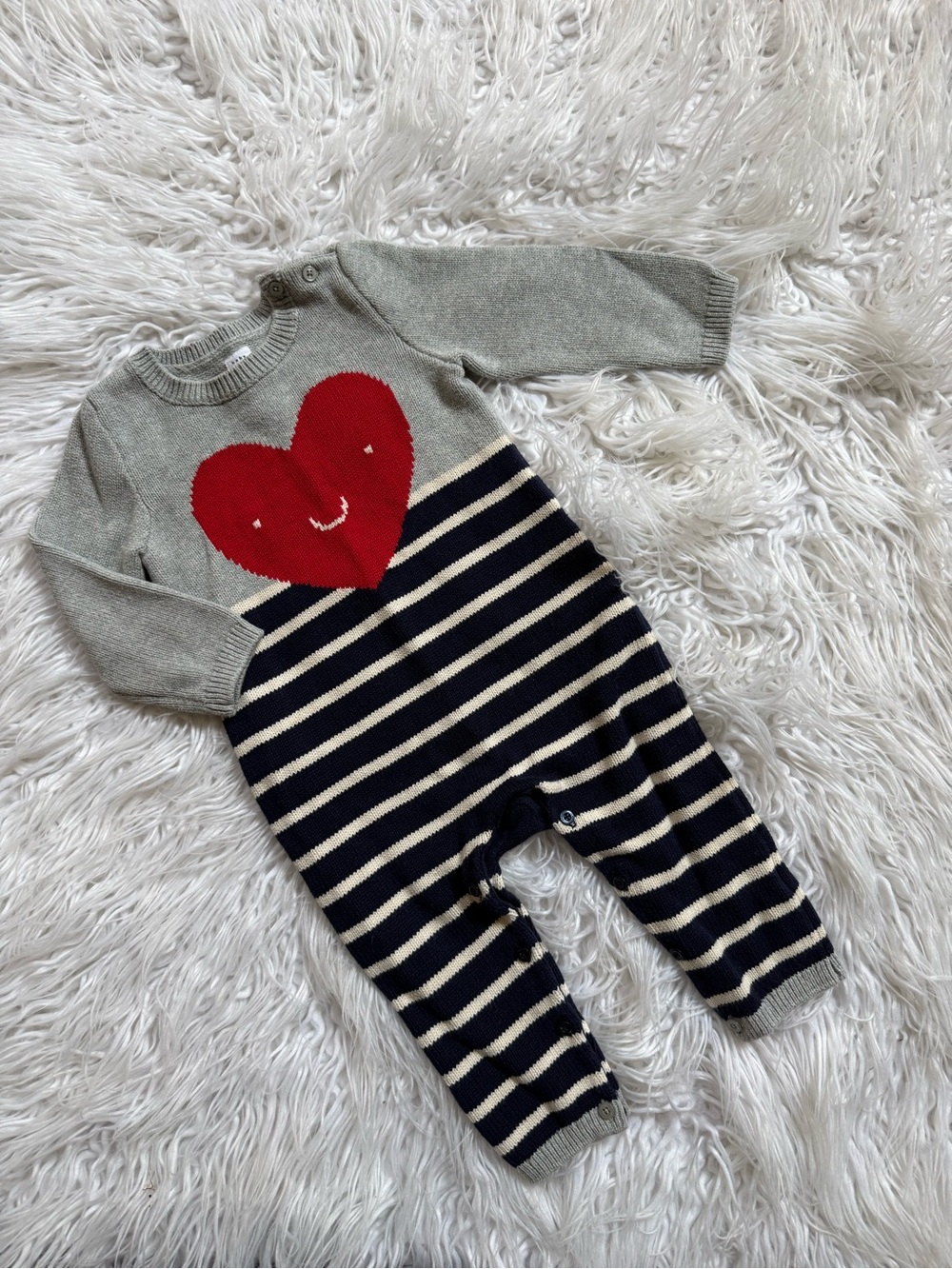 GAP Gray Knit One-Piece with Red Heart and Navy Stripes